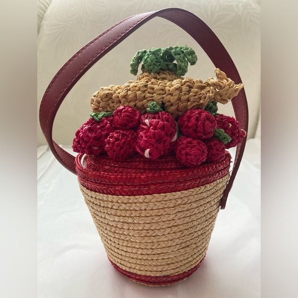VTG Lulu Guinness Wheat Straw Fruit Bowl crocheted purse red leather strap - Picture 8 of 16